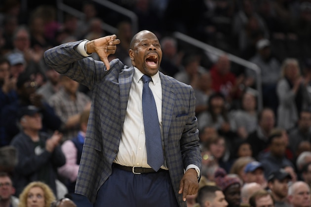 Georgetown head coach Patrick Ewing gestures during the second half of an NCAA college basketball game against Villanova, Saturday, March 7, 2020, in Washington. Villanova won 70-69. (AP Photo/Nick Wass)