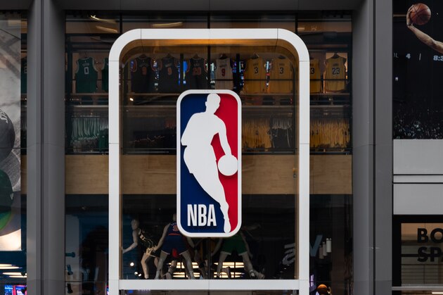 NEW YORK, NY - MARCH 12: An NBA logo is shown at the 5th Avenue NBA store on March 12, 2020 in New York City. The National Basketball Association said they would suspend all games after player Rudy Gobert of the Utah Jazz reportedly tested positive for the coronavirus. (Photo by Jeenah Moon/Getty Images)