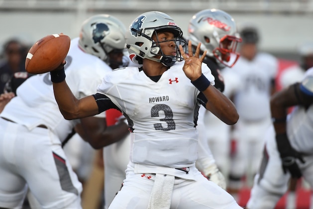 LAS VEGAS, NV - SEPTEMBER 02:  Quarterback Caylin Newton #3 of the Howard Bison throws against the UNLV Rebels during their game at Sam Boyd Stadium on September 2, 2017 in Las Vegas, Nevada. Howard won 43-40.  (Photo by Ethan Miller/Getty Images)