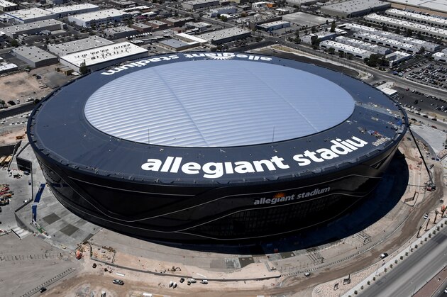 LAS VEGAS, NEVADA - MAY 21:  An aerial view shows construction continuing at Allegiant Stadium, the USD 2 billion, glass-domed home of the Las Vegas Raiders on May 21, 2020 in Las Vegas, Nevada. The Raiders are scheduled to play their first preseason game at the 65,000-seat facility on August 27 against the Arizona Cardinals.  (Photo by Ethan Miller/Getty Images)