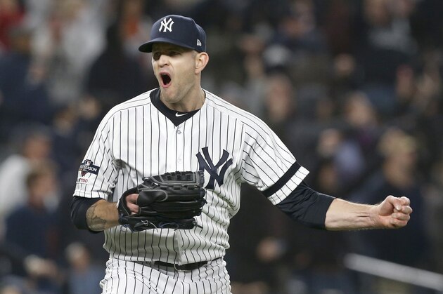 NEW YORK, NEW YORK - OCTOBER 18: (NEW YORK DAILIES OUT)  James Paxton #65 of the New York Yankees in action against the Houston Astros in game five of the American League Championship Series at Yankee Stadium on October 18, 2019 in New York City. The Yankees defeated the Astros 4-1. (Photo by Jim McIsaac/Getty Images)