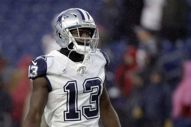 Dallas Cowboys wide receiver Michael Gallup warms up before an NFL football game against the New England Patriots, Sunday, Nov. 24, 2019, in Foxborough, Mass. (AP Photo/Steven Senne)
