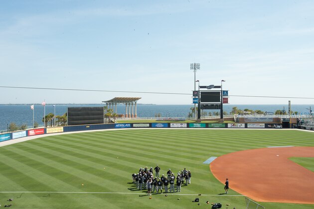 The Biloxi Shuckers practice at the Pensacola Blue Wahoos' stadium in Pensacola, Fla., Wednesday, April 8, 2015. The Shuckers are a Double-A affiliate in Biloxi, Miss., of the Milwaukee Brewers and have no home field while waiting for their stadium to be constructed. (AP Photo/Michael Spooneybarger)