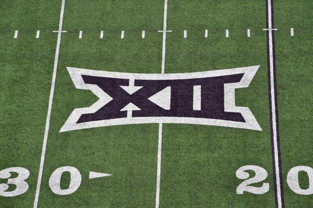 MANHATTAN, KS - NOVEMBER 16:  A general view of the Big 12 logo on the field at Bill Snyder Family Football Stadium prior to a game between the Kansas State Wildcats and West Virginia Mountaineers on November 16, 2019 in Manhattan, Kansas. (Photo by Peter G. Aiken/Getty Images)