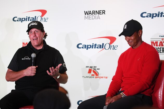 LAS VEGAS, NV - NOVEMBER 23:  Phil Mickelson and Tiger Woods speak to the media after Mickelson defeated Woods in The Match: Tiger vs Phil at Shadow Creek Golf Course on November 23, 2018 in Las Vegas, Nevada.  (Photo by Harry How/Getty Images for The Match)
