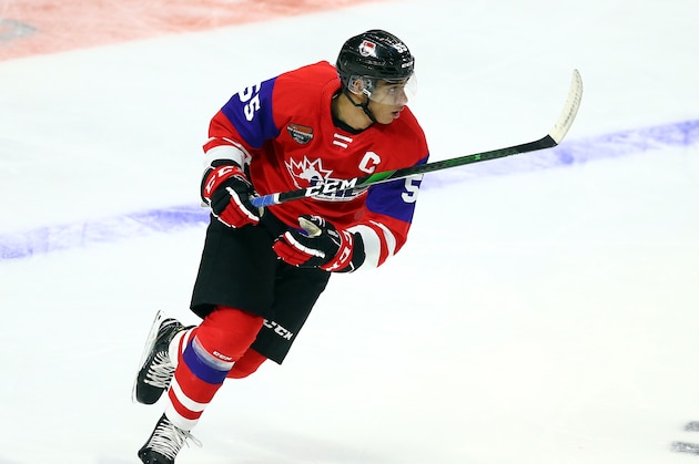 HAMILTON, ON - JANUARY 16:  Quinton Byfield #55 of Team Red skates during the 2020 CHL/NHL Top Prospects Game against Team White at FirstOntario Centre on January 16, 2020 in Hamilton, Canada.  (Photo by Vaughn Ridley/Getty Images)
