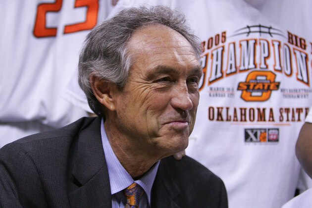 KANSAS CITY, MO - MARCH 13:  Head coach Eddie Sutton of the Oklahoma State Cowboys smiles after the Cowboys won the Phillips 66 Big 12 Men's Basketball Tournament against the Texas Tech Red Raiders on March 13, 2005 at Kemper Arena in Kansas City, Missouri. The Cowboys won 72-68 to win their second straight Big 12 Tournament title.  (Photo by Elsa/Getty Images)