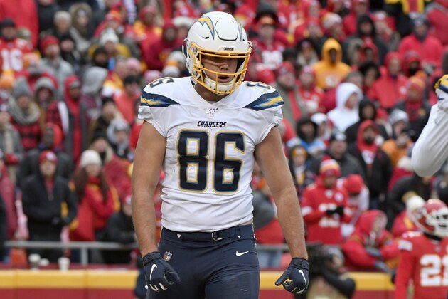 Los Angeles Chargers tight end Hunter Henry (86) after scoring a touchdown during the second half of an NFL football game against the Kansas City Chiefsin Kansas City, Mo., Sunday, Dec. 29, 2019. (AP Photo/Ed Zurga)