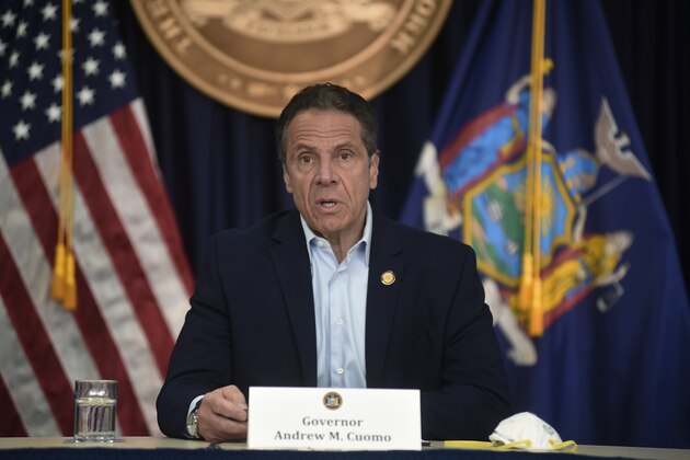 New York Gov. Andrew Cuomo briefs the media during a coronavirus news conference at his office in New York City, Saturday, May 9, 2020.  (John Roca/New York Post via AP, Pool)