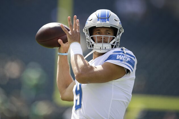 Detroit Lions' Matthew Stafford warms up before an NFL football game against the Philadelphia Eagles, Sunday, Sept. 22, 2019, in Philadelphia. (AP Photo/Matt Rourke)