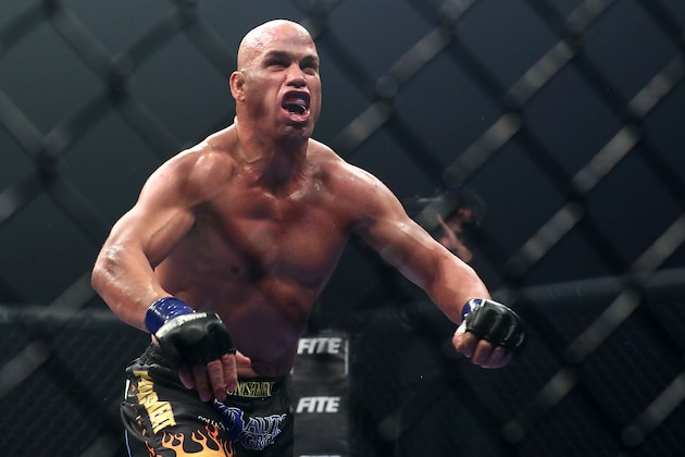 INGLEWOOD, CA - NOVEMBER 24:  Tito Ortiz celebrates his win after one round against Chuck Liddell during the Light Heavyweight bout at The Forum on November 24, 2018 in Inglewood, California. (Photo by Joe Scarnici/Getty Images)