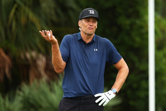 HOBE SOUND, FLORIDA - MAY 24: NFL player Tom Brady of the Tampa Bay Buccaneers reacts on the seventh green during The Match: Champions For Charity at Medalist Golf Club on May 24, 2020 in Hobe Sound, Florida. (Photo by Mike Ehrmann/Getty Images for The Match)