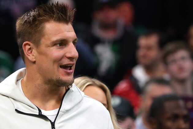BOSTON, MASSACHUSETTS - DECEMBER 06: Former New England Patriots player Rob Gronkowski looks on during the game between the Boston Celtics and the Denver Nuggets  at TD Garden on December 06, 2019 in Boston, Massachusetts. The Celtics defeat the Nuggets 108-95. (Photo by Maddie Meyer/Getty Images)