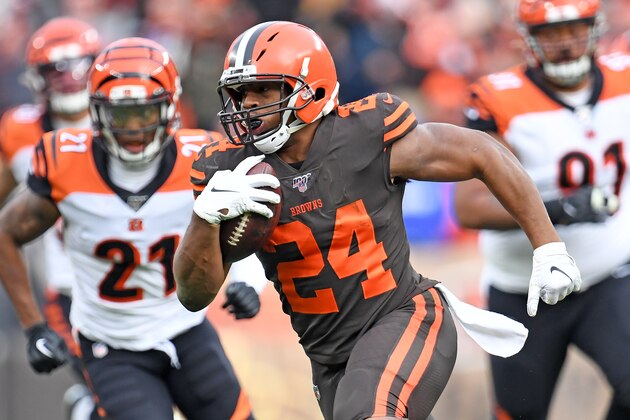 CLEVELAND, OHIO - DECEMBER 08: Running back Nick Chubb #24 of the Cleveland Browns runs for a gain during the second half against the Cincinnati Bengals at FirstEnergy Stadium on December 08, 2019 in Cleveland, Ohio. The Browns defeated the Bengals 27-19.  (Photo by Jason Miller/Getty Images)