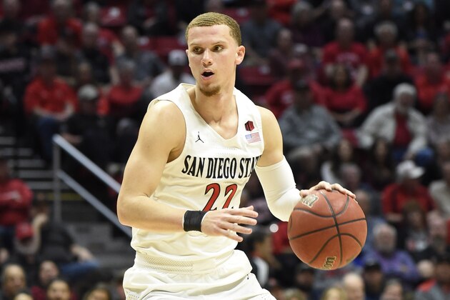 San Diego State guard Malachi Flynn (22) plays during the first half of an NCAA college basketball game against Colorado State Tuesday, Feb. 25, 2020, in San Diego. (AP Photo/Denis Poroy)