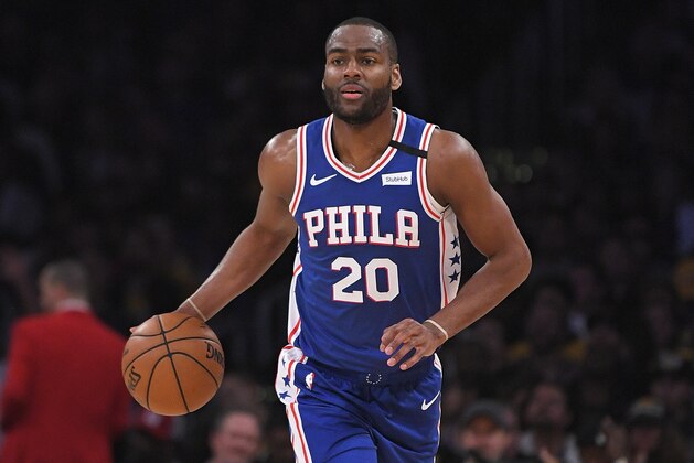 Philadelphia 76ers guard Alec Burks dribbles during the first half of an NBA basketball game against the Los Angeles Lakers Tuesday, March 3, 2020, in Los Angeles. (AP Photo/Mark J. Terrill)