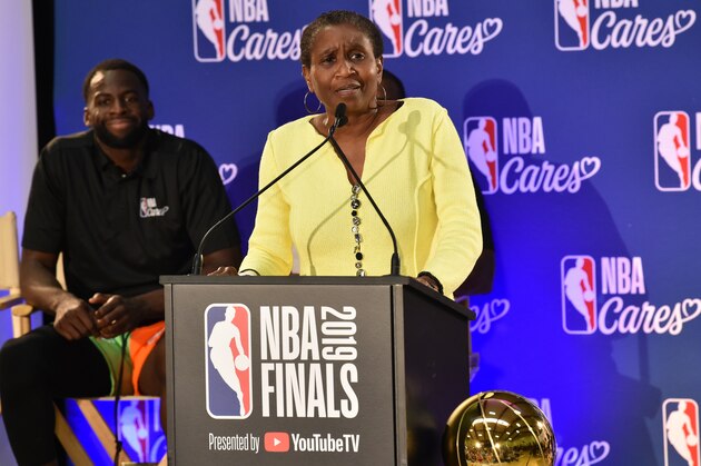 OAKLAND, CA - JUNE 6: NBPA Executive Director Michele Roberts speaks to the crowd as she takes part in the 2019 NBA Finals Cares Legacy Project as part of the 2019 NBA Finals on June 6, 2019 at the Ira Jinkins Recreation Center in Oakland, California. NOTE TO USER: User expressly acknowledges and agrees that, by downloading and or using this photograph, User is consenting to the terms and conditions of the Getty Images License Agreement. Mandatory Copyright Notice: Copyright 2019 NBAE (Photo by David Dow/NBAE via Getty Images)