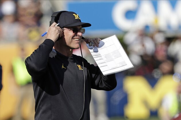 Michigan head coach Jim Harbaugh watches play during the first half of the Citrus Bowl NCAA college football game against Alabama, Wednesday, Jan. 1, 2020, in Orlando, Fla. (AP Photo/John Raoux)