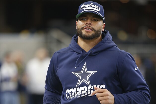 Dallas Cowboys quarterback Dak Prescott (4) prior to an NFL football game against the Washington Redskins in Arlington, Texas, Sunday, Dec. 15, 2019. (AP Photo/Ron Jenkins)