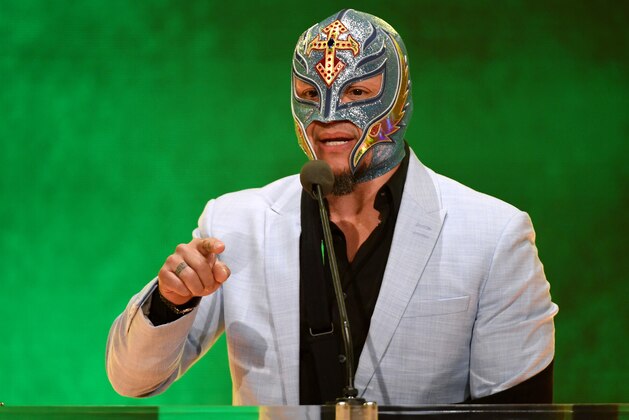 LAS VEGAS, NEVADA - OCTOBER 11:  WWE wrestler Rey Mysterio speaks at a WWE news conference at T-Mobile Arena on October 11, 2019 in Las Vegas, Nevada. It was announced that WWE wrestler Braun Strowman will face heavyweight boxer Tyson Fury and WWE champion Brock Lesnar will take on former UFC heavyweight champion Cain Velasquez at the WWE's Crown Jewel event at Fahd International Stadium in Riyadh, Saudi Arabia on October 31.  (Photo by Ethan Miller/Getty Images)