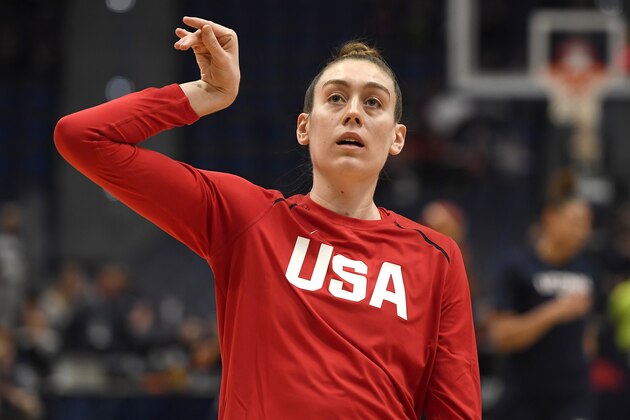 United States' Breanna Stewart before a basketball game, Monday, Jan. 27, 2020, in Hartford, Conn. (AP Photo/Jessica Hill)