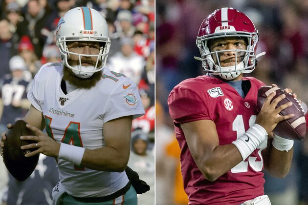 FILE - At left, in a Dec. 29, 2019, file photo, Miami Dolphins quarterback Ryan Fitzpatrick rolls out to pass against the New England Patriots in the first half of an NFL football game in Foxborough, Mass. At right, in an Oct. 19, 2019, file photo, Alabama quarterback Tua Tagovailoa looks to pass during the first half of an NCAA college football game against Tennessee in Tuscaloosa, Ala. Fitzpatrick is spending his coronavirus lockdown in Arizona with his wife and seven children, and hoping to get a chance soon to begin mentoring first-round draft pick Tua Tagovailoa. (AP Photo/File)