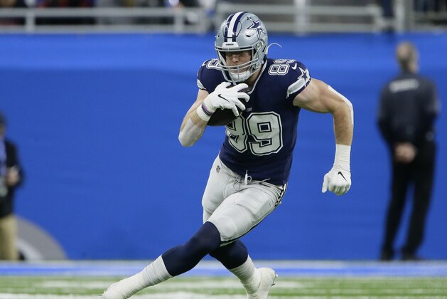 Dallas Cowboys tight end Blake Jarwin (89) carries the ball against the Detroit Lions during the first half of an NFL football game, Sunday, Nov. 17, 2019, in Detroit. (AP Photo/Duane Burleson) Dallas Cowboys tight end Blake Jarwin (89) carries the ball against the Detroit Lions during the first half of an NFL football game, Sunday, Nov. 17, 2019, in Detroit. (AP Photo/Duane Burleson)