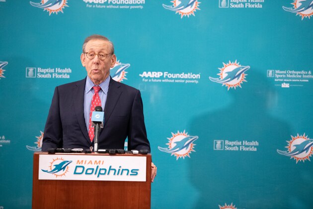 DAVIE, FL - FEBRUARY 04: Stephen Ross Chairman & Owner of the Miami Dolphins addresses the media as he announces Brian Flores as their new Head Coach at Baptist Health Training Facility at Nova Southern University on February 4, 2019 in Davie, Florida. (Photo by Mark Brown/Getty Images)