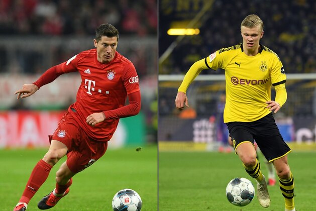 (COMBO) This combination created on May 25, 2020 of file pictures shows Bayern Munich's Polish striker Robert Lewandowski (L, during the German Cup (DFB Pokal) round of 16 football match FC Bayern Munich v TSG 1899 Hoffenheim in Munich, southern German on February 5, 2020) and Dortmund's Norwegian forward Erling Braut Haaland (during the German first division Bundesliga football match BVB Borussia Dortmund vs Eintracht Frankfurt, in Dortmund, western Germany on February 14, 2020). - The Bundesliga's record-breaking strikers square off on Tuesday, May 26, 2020, when Bayern Munich veteran Robert Lewandowski opposes Borussia Dortmund teenager Erling Braut Haaland in the German league showdown behind locked doors. (Photos by Christof STACHE and INA FASSBENDER / AFP) / DFB REGULATIONS PROHIBIT ANY USE OF PHOTOGRAPHS AS IMAGE SEQUENCES AND QUASI-VIDEO. (Photo by CHRISTOF STACHE,INA FASSBENDER/AFP via Getty Images)