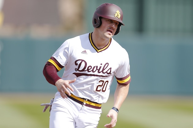 Arizona State first baseman Spencer Torkelson during an NCAA college baseball game against Notre Dame, Sunday, Feb. 17, 2019, in Phoenix. (AP Photo/Rick Scuteri)
