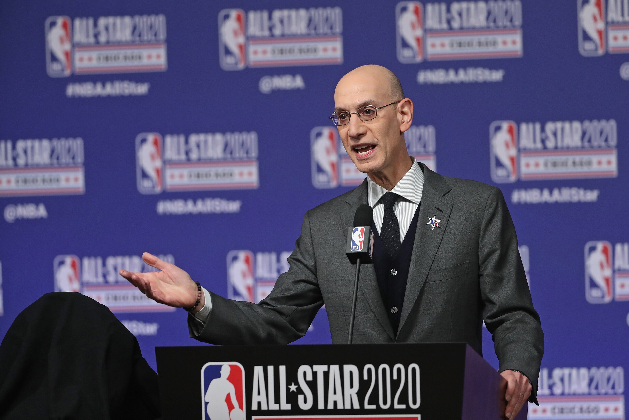 CHICAGO, IL - FEBRUARY 15: NBA Commissioner, Adam Silver speaks to the media at a press conference during NBA All-Star Saturday Night Presented by State Farm as part of 2020 NBA All-Star Weekend on February 15, 2020 at United Center in Chicago, Illinois. NOTE TO USER: User expressly acknowledges and agrees that, by downloading and/or using this Photograph, user is consenting to the terms and conditions of the Getty Images License Agreement. Mandatory Copyright Notice: Copyright 2020 NBAE (Photo by Joe Murphy/NBAE via Getty Images) CHICAGO, IL - FEBRUARY 15: NBA Commissioner, Adam Silver speaks to the media at a press conference during NBA All-Star Saturday Night Presented by State Farm as part of 2020 NBA All-Star Weekend on February 15, 2020 at United Center in Chicago, Illinois. NOTE TO USER: User expressly acknowledges and agrees that, by downloading and/or using this Photograph, user is consenting to the terms and conditions of the Getty Images License Agreement. Mandatory Copyright Notice: Copyright 2020 NBAE (Photo by Joe Murphy/NBAE via Getty Images)