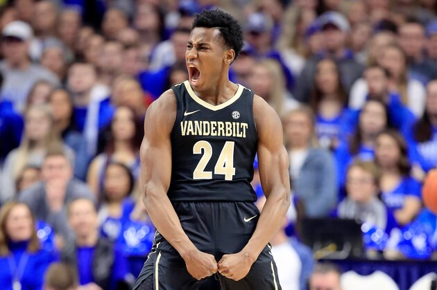LEXINGTON, KY - JANUARY 12:  Aaron Nesmith #24 of the Vanderbilt Commodores celebrates in the game against the  Kentucky Wildcats  at Rupp Arena on January 12, 2019 in Lexington, Kentucky.  (Photo by Andy Lyons/Getty Images)