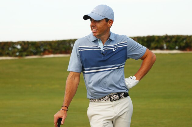 JUNO BEACH, FLORIDA - MAY 17: Rory McIlroy of the American Nurses Foundation team reacts after he and Dustin Johnson of the American Nurses Foundation defeated Rickie Fowler of the CDC Foundation team and Matthew Wolff of the CDC Foundation team on the 17th tee in a closest to the pin playoff during the TaylorMade Driving Relief Supported By UnitedHealth Group on May 17, 2020 at Seminole Golf Club in Juno Beach, Florida. (Photo by Mike Ehrmann/Getty Images)