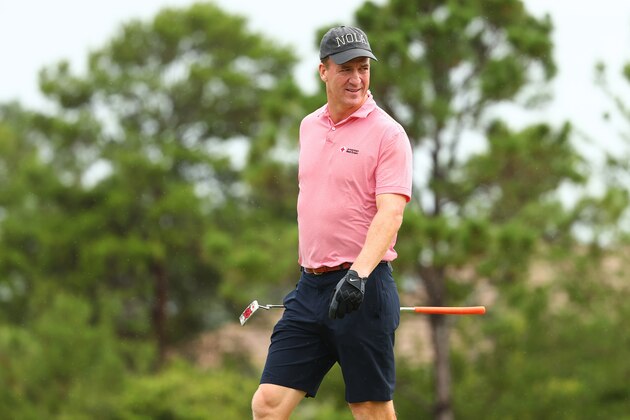 HOBE SOUND, FLORIDA - MAY 24: Former NFL player Peyton Manning walks on the fourth hole during The Match: Champions For Charity at Medalist Golf Club on May 24, 2020 in Hobe Sound, Florida. (Photo by Mike Ehrmann/Getty Images for The Match)