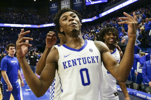 LEXINGTON, KENTUCKY - FEBRUARY 22: Ashton Hagans #0 of the Kentucky Wildcats celebrates defeating the Florida Gators 65-59 after the game at Rupp Arena on February 22, 2020 in Lexington, Kentucky. (Photo by Silas Walker/Getty Images)
