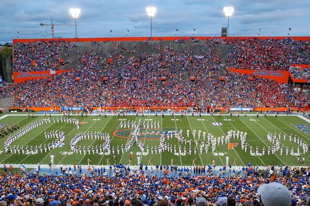 The Florida marching band spells out Gators before an NCAA college football game against Mississippi Saturday, Oct. 3, 2015, in Gainesville, Fla. (AP Photo/Gary McCullough)