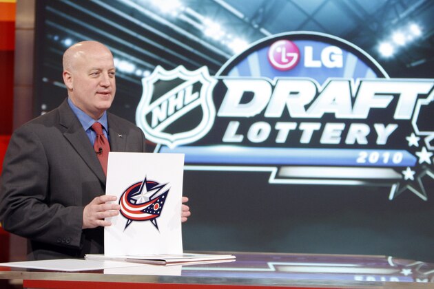 TORONTO - APRIL 13: Deputy Commissioner of the NHL Bill Daly announces  the fourth pick to go to the Columbus Blue Jackets during the NHL Draft Lottery Drawing at the TSN Studio April 13, 2010 in Toronto, Ontario, Canada. (Photo by Abelimages / Getty Images for NHL)
