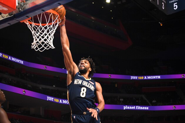 DETROIT, MI - JANUARY 13: Jahlil Okafor #8 of the New Orleans Pelicans goes up for a dunk during a game against the Detroit Pistons on January 13, 2020 at Little Caesars Arena in Detroit, Michigan. NOTE TO USER: User expressly acknowledges and agrees that, by downloading and/or using this photograph, User is consenting to the terms and conditions of the Getty Images License Agreement. Mandatory Copyright Notice: Copyright 2020 NBAE (Photo by Chris Schwegler/NBAE via Getty Images)