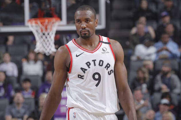 SACRAMENTO, CA - MARCH 8: Serge Ibaka #9 of the Toronto Raptors looks on during the game against the Sacramento Kings on March 8, 2020 at Golden 1 Center in Sacramento, California. NOTE TO USER: User expressly acknowledges and agrees that, by downloading and or using this photograph, User is consenting to the terms and conditions of the Getty Images Agreement. Mandatory Copyright Notice: Copyright 2020 NBAE (Photo by Rocky Widner/NBAE via Getty Images)