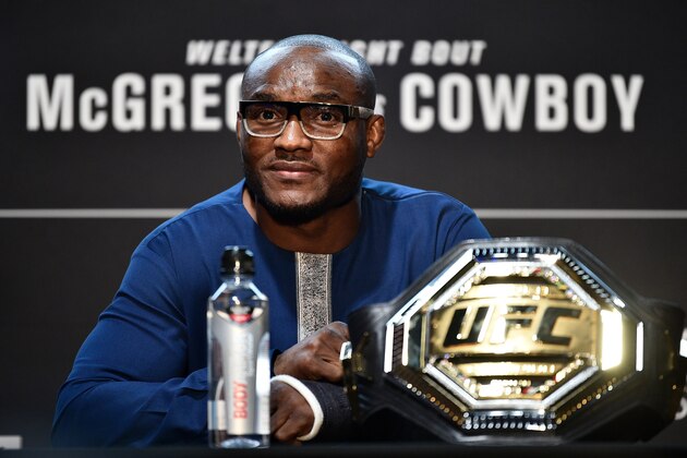 LAS VEGAS, NV - JANUARY 16:  UFC welterweight champion Kamaru Usman interacts with the media during the UFC 246 Ultimate Media Day at UFC APEX on January 16, 2020 in Las Vegas, Nevada. (Photo by Chris Unger/Zuffa LLC via Getty Images)