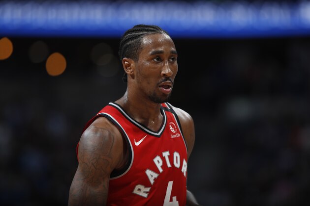Toronto Raptors forward Rondae Hollis-Jefferson (4) in the second half of an NBA basketball game Sunday, March 1, 2020. The Nuggets won 133-118. (AP Photo/David Zalubowski)