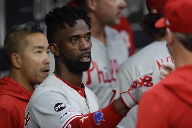 Philadelphia Phillies center fielder Andrew McCutchen reacts before a baseball game against the San Diego Padres, Monday, June 3, 2019, in San Diego. (AP Photo/Gregory Bull)