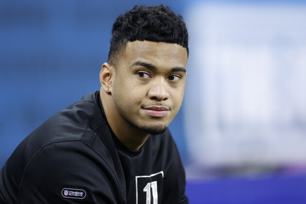 INDIANAPOLIS, IN - FEBRUARY 27: Quarterback Tua Tagovailoa of Alabama looks on during the NFL Scouting Combine at Lucas Oil Stadium on February 27, 2020 in Indianapolis, Indiana. (Photo by Joe Robbins/Getty Images)