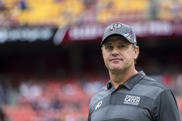 LANDOVER, MD - OCTOBER 06: Head coach Jay Gruden of the Washington Redskins looks on before the game against the New England Patriots at FedExField on October 6, 2019 in Landover, Maryland. (Photo by Scott Taetsch/Getty Images)