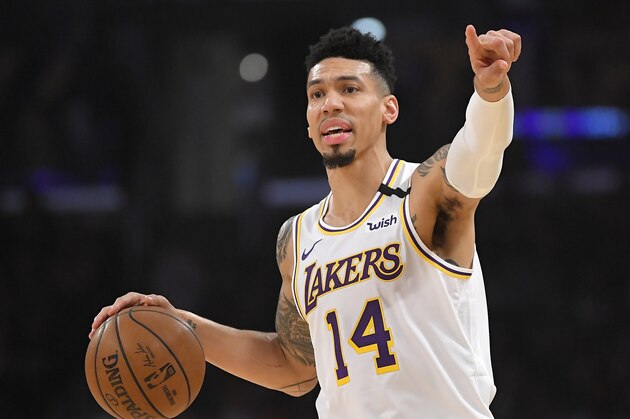 Los Angeles Lakers guard Danny Green gestures during the first half of an NBA basketball game against the Detroit Pistons Sunday, Jan. 5, 2020, in Los Angeles. (AP Photo/Mark J. Terrill)