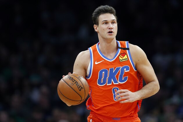 Oklahoma City Thunder's Danilo Gallinari plays against the Boston Celtics during an NBA basketball game, Sunday, March, 8, 2020, in Boston. (AP Photo/Michael Dwyer)