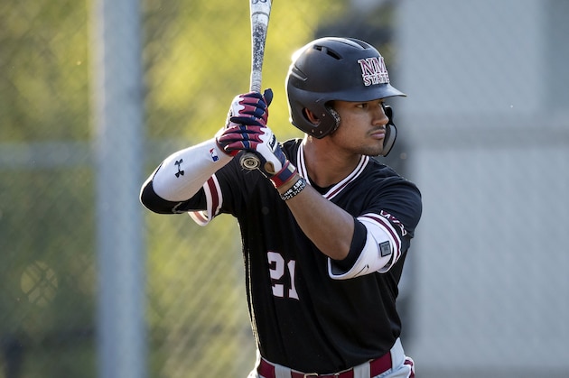 FILE - In this May 10, 2019, file photo, New Mexico State's Nick Gonzales waits for a pitch during an at-bat in an NCAA college baseball game against Seattle University in Bellevue, Wash. Gonzales' .432 batting average led the nation, and he had 16 home runs, 80 RBIs, 19 doubles and four triples. He hit 11 home runs in his first 14 games last season and reached base in all 55 games. He ended the season on a 66-game on-base streak dating to 2018, the longest in the country. (AP Photo/Stephen Brashear, File)