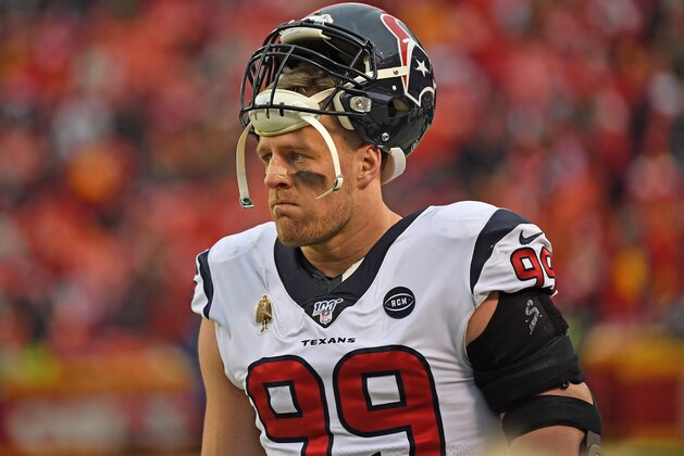 KANSAS CITY, MISSOURI - JANUARY 12: Defensive end J.J. Watt #99 of the Houston Texans looks on from the sideline in the second half during the AFC Divisional playoff game against the Kansas City Chiefs at Arrowhead Stadium on January 12, 2020 in Kansas City, Missouri. (Photo by Peter G. Aiken/Getty Images)