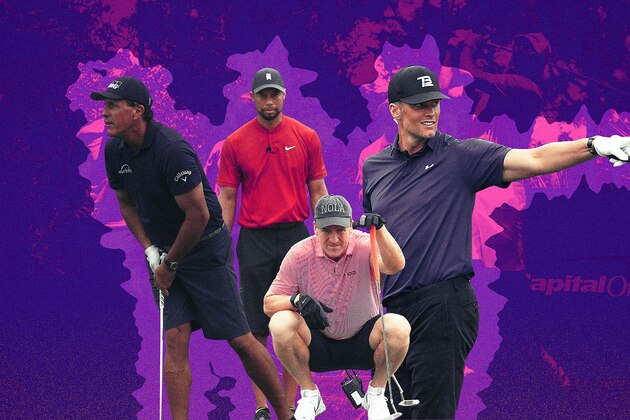 HOBE SOUND, FLORIDA - MAY 24: Tiger Woods and former NFL player Peyton Manning celebrate defeating Phil Mickelson and NFL player Tom Brady of the Tampa Bay Buccaneers on the 18th green during The Match: Champions For Charity at Medalist Golf Club on May 24, 2020 in Hobe Sound, Florida. (Photo by Mike Ehrmann/Getty Images for The Match)