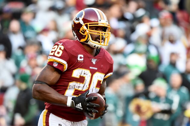 LANDOVER, MD - DECEMBER 15: Adrian Peterson #26 of the Washington Redskins celebrates after scoring a touchdown against the Philadelphia Eagles during the second half at FedExField on December 15, 2019 in Landover, Maryland. (Photo by Will Newton/Getty Images)